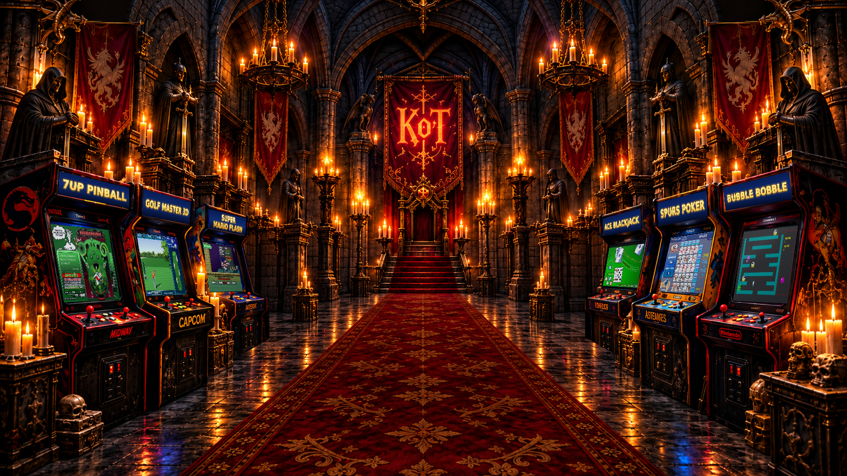 The candlelit gothic Knights of Terror arcade corridor, with six photographed game cabinets and a crimson carpet.