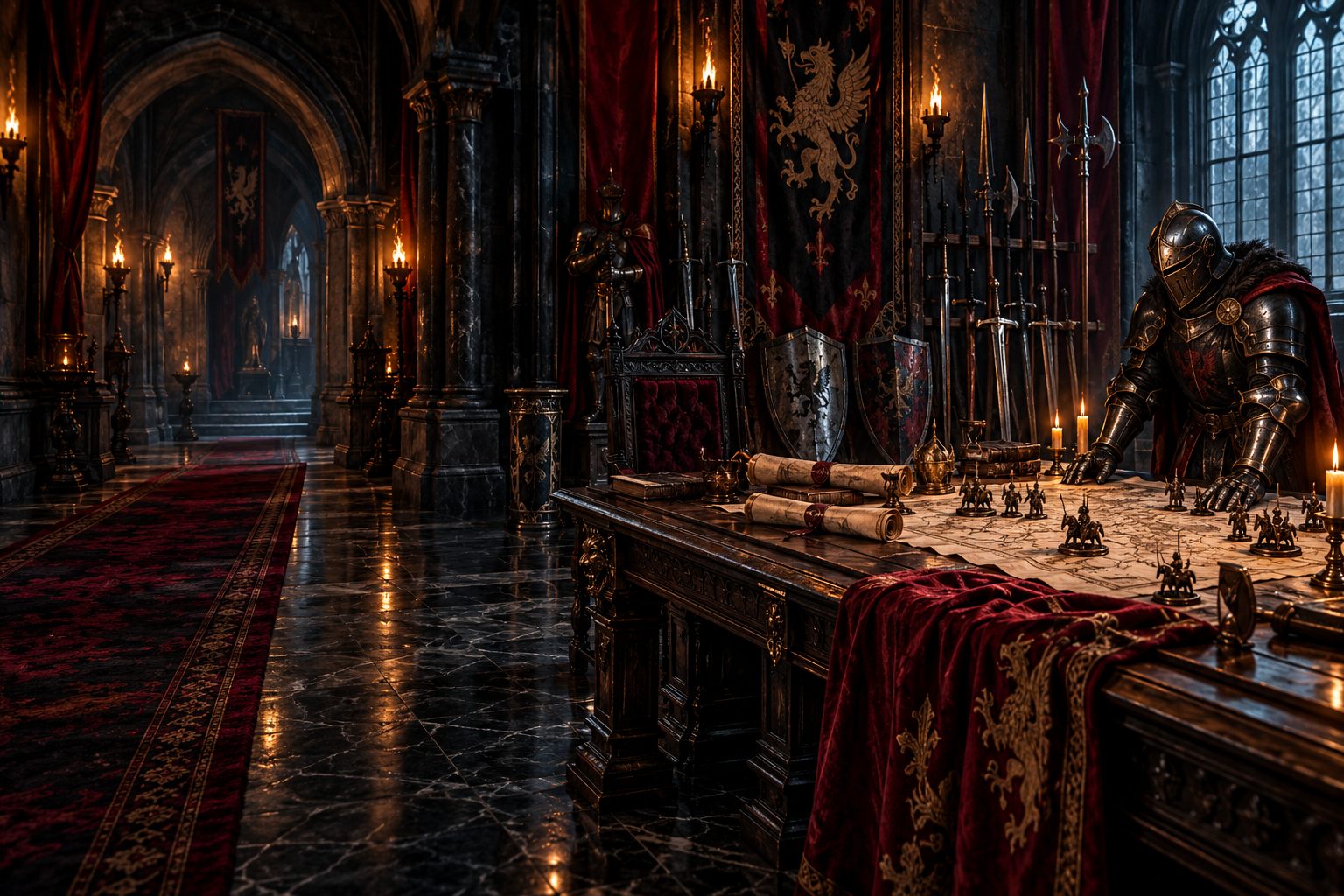 The guild war room, lit by torches and candles