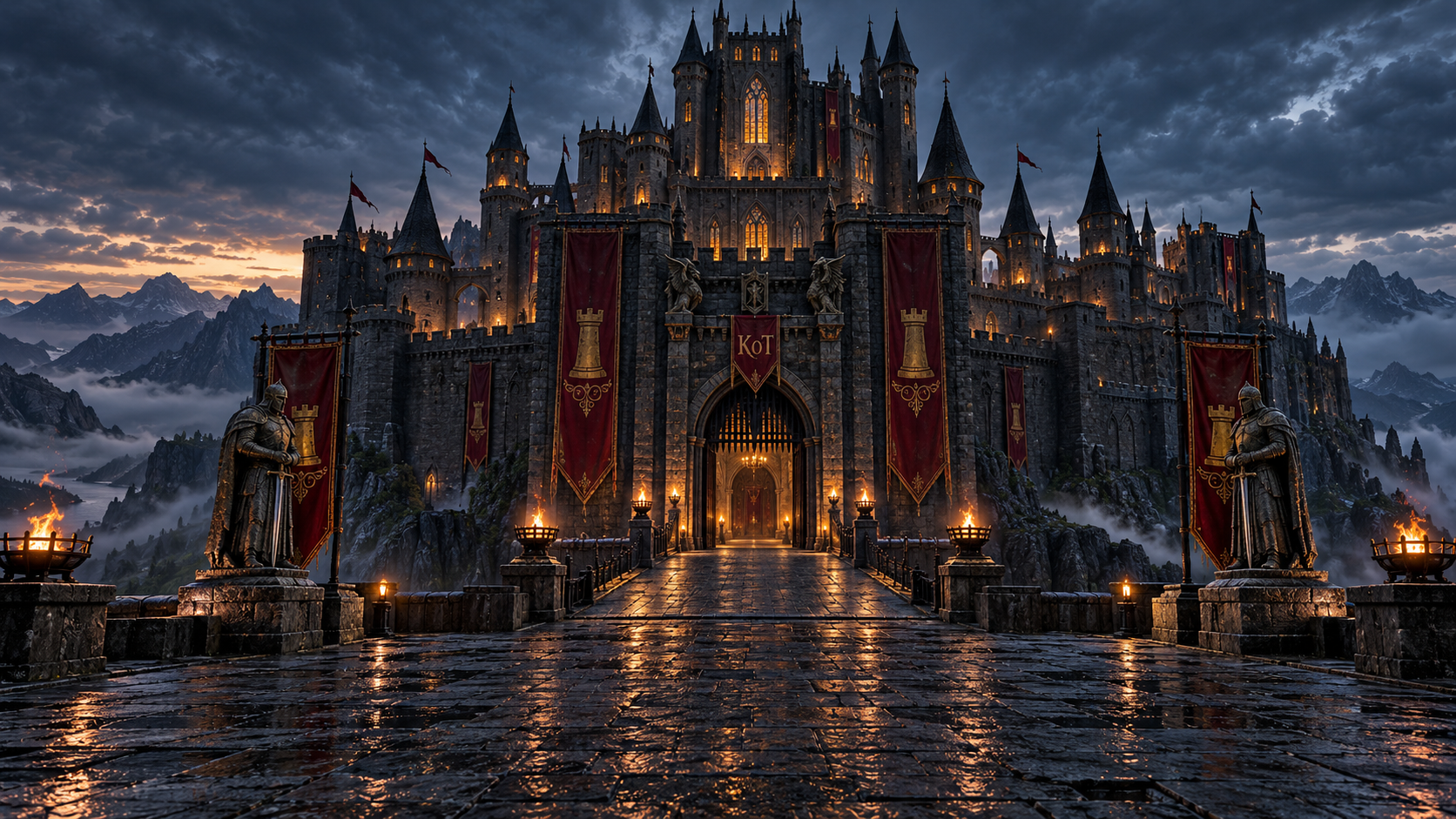 The KoT castle at dusk, with black stone towers, crimson and gold banners, torchlit gates and two knight statues overlooking a mountain valley