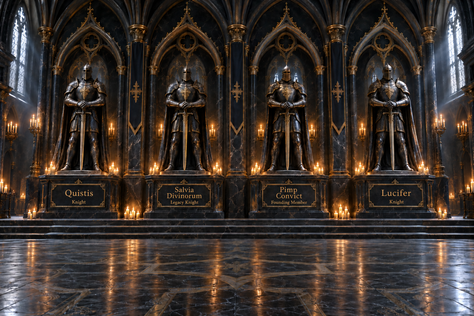 Four stone knight memorials in the candlelit crypt